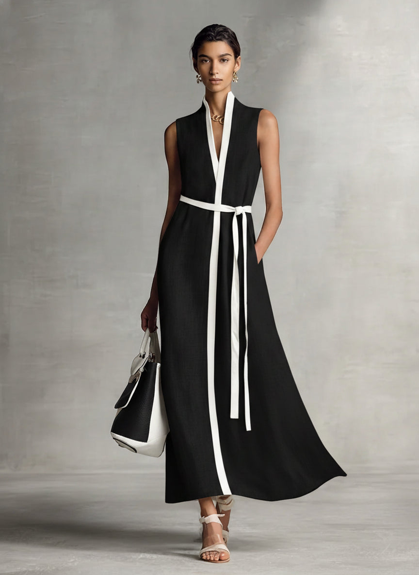 Francesca | Robe longue en coton et lin à col V avec taille nouée sans manches