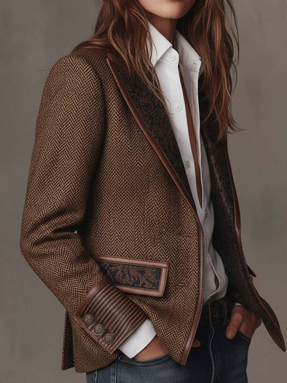 Blazer Femme à Motif Pied-de-Poule avec Panneaux Imprimés