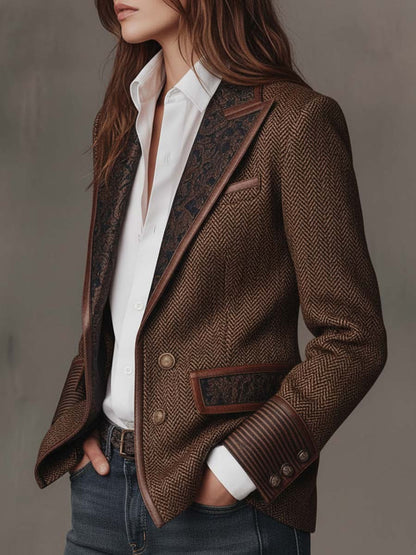 Blazer Femme à Motif Pied-de-Poule avec Panneaux Imprimés