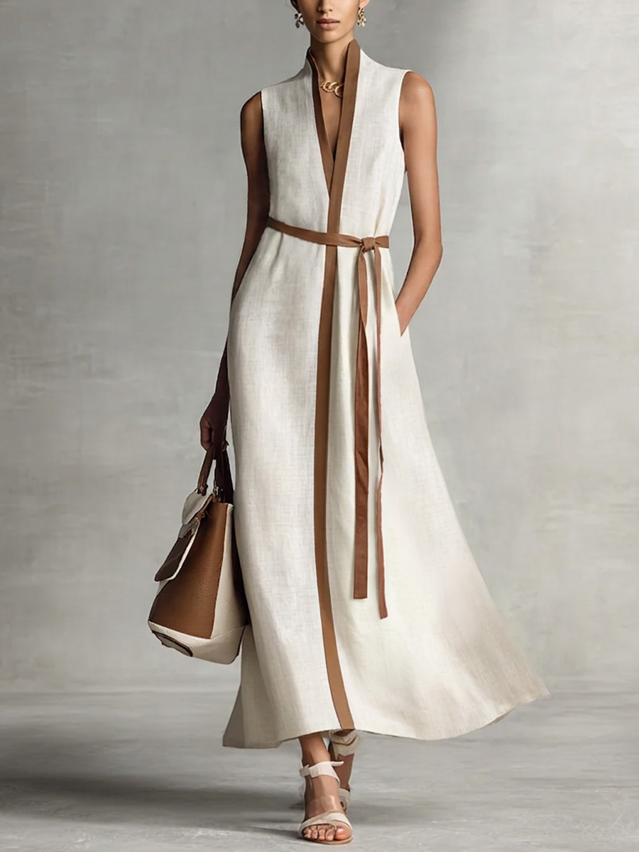 Francesca | Robe longue en coton et lin à col V avec taille nouée sans manches