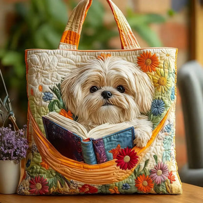 Sac artisanal | Shih Tzu avec des livres et des fleurs