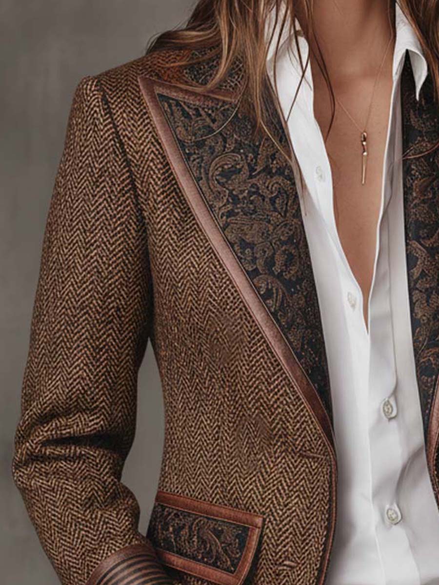 Blazer Femme à Motif Pied-de-Poule avec Panneaux Imprimés