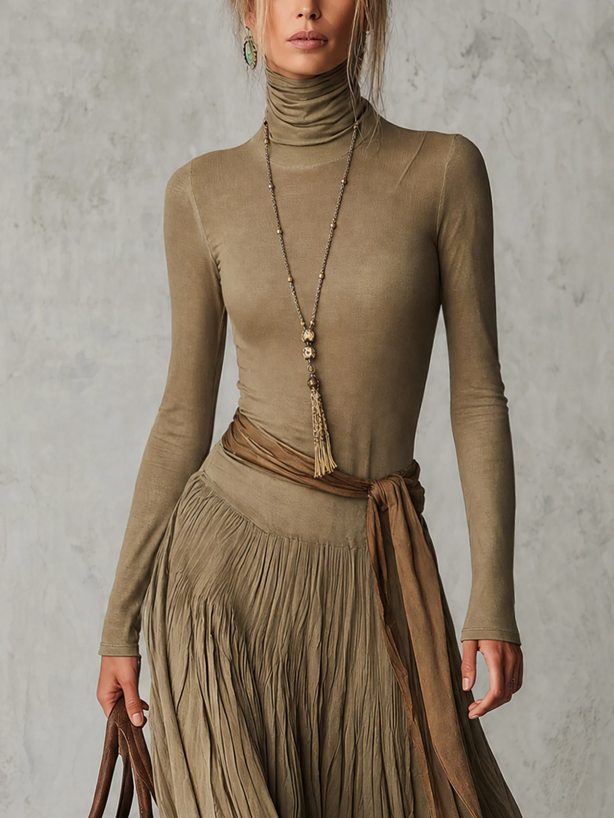 Julie | Robe maxi plissée élégante à col montant et manches longues, ceinturée à la taille