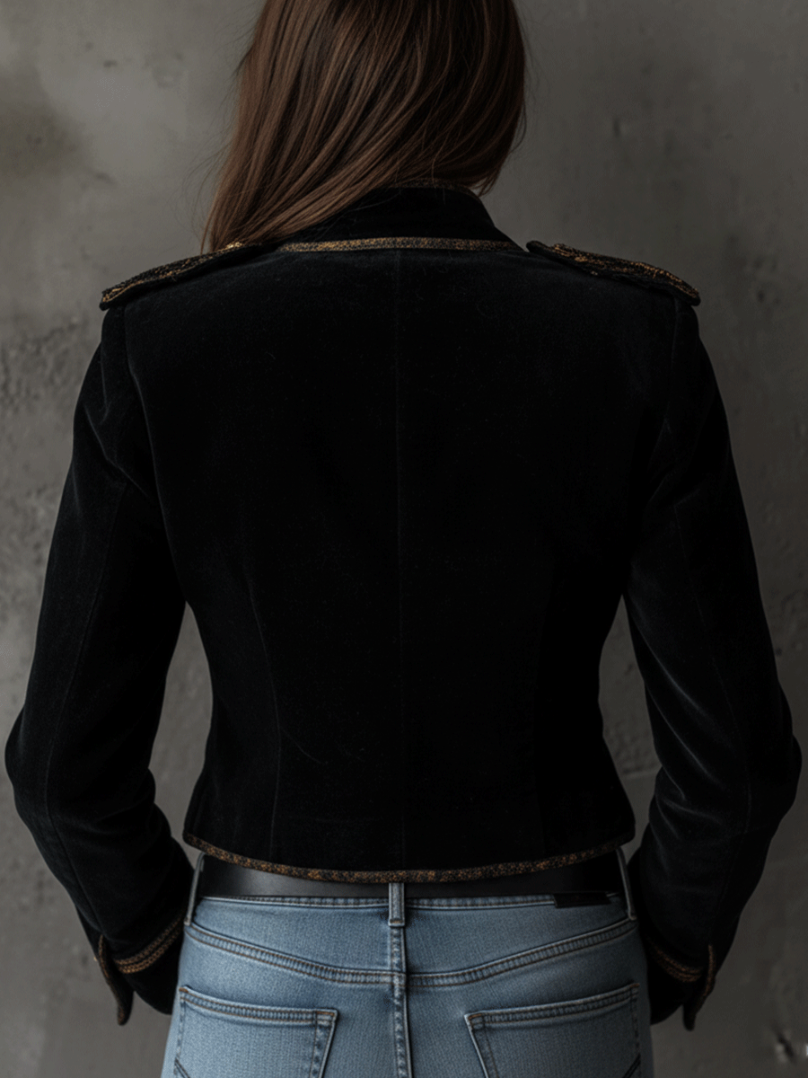 Blazer Militaire Retro en Velours Noir avec Détails en Boutons Dorés