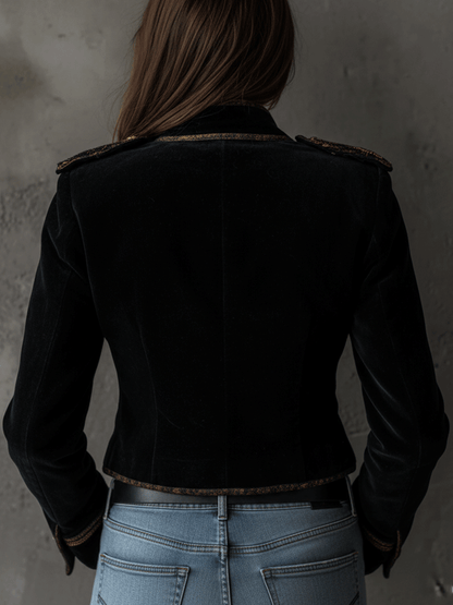 Blazer Militaire Retro en Velours Noir avec Détails en Boutons Dorés