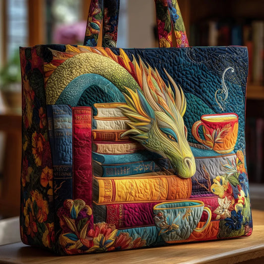 Sac artisanal | Dragon lisant des livres et des tasses