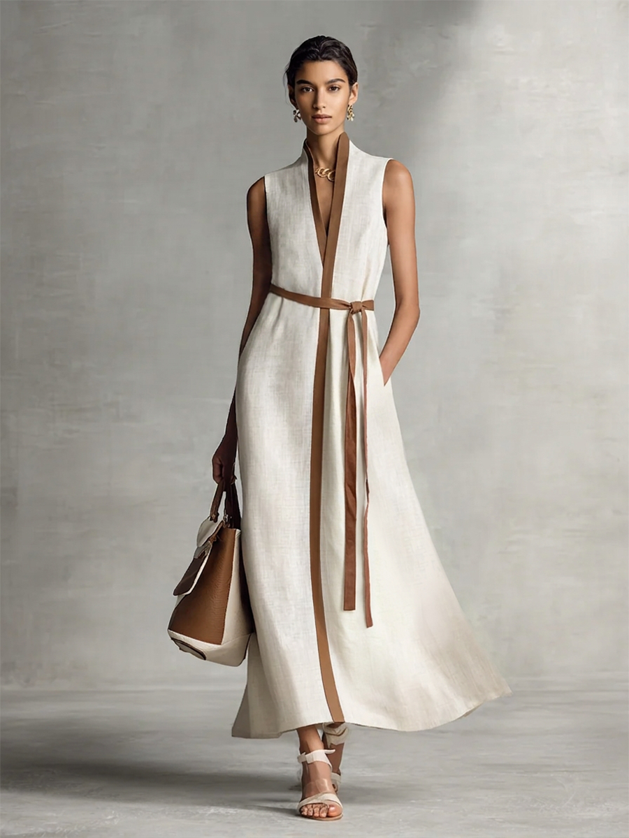 Francesca | Robe longue en coton et lin à col V avec taille nouée sans manches