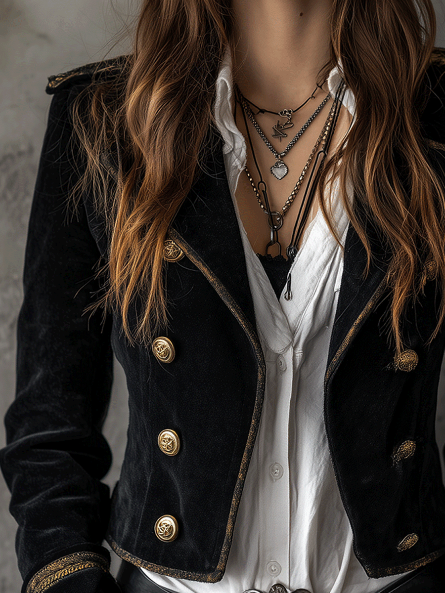 Blazer Militaire Retro en Velours Noir avec Détails en Boutons Dorés