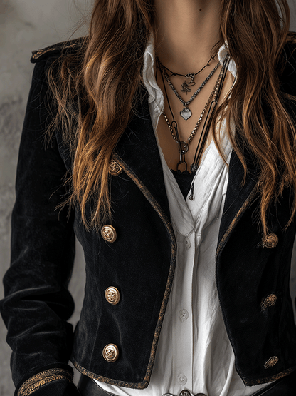Blazer Militaire Retro en Velours Noir avec Détails en Boutons Dorés