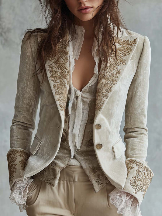 Blazer Tailleur Femme Ivoire Brodé