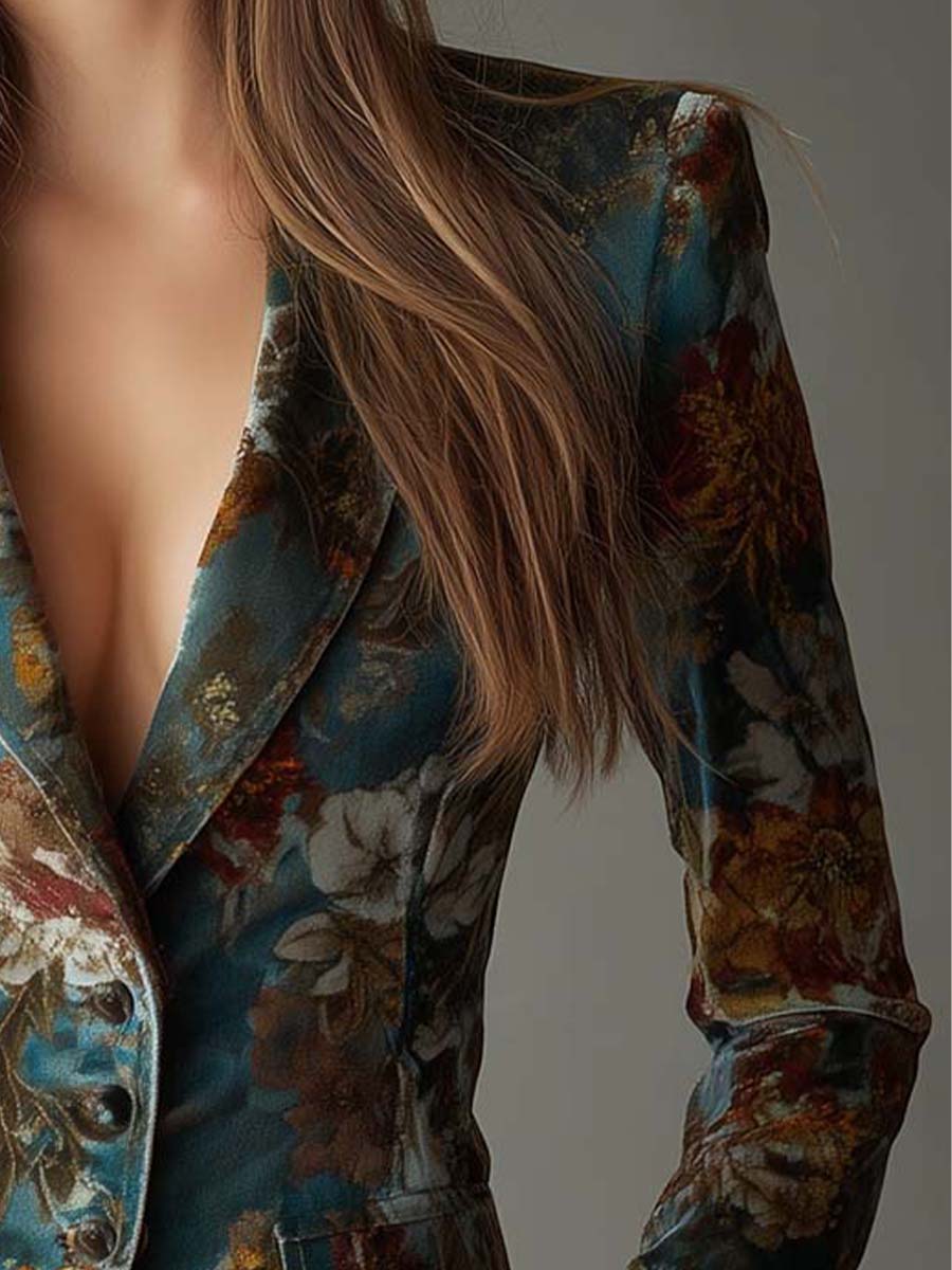 Blazer Vintage Cintré en Velours Bleu Sarcelle à Motif Floral
