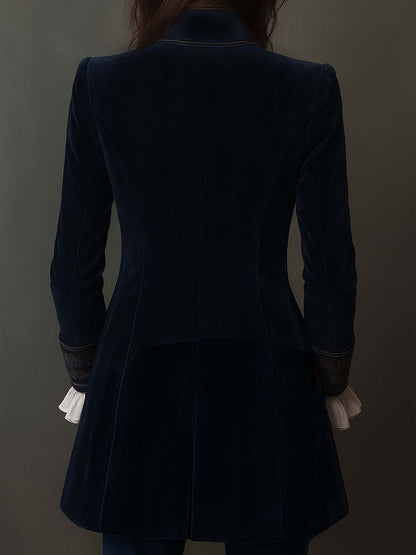 Veste Longue Femme Vintage Bleu Marine Brodée