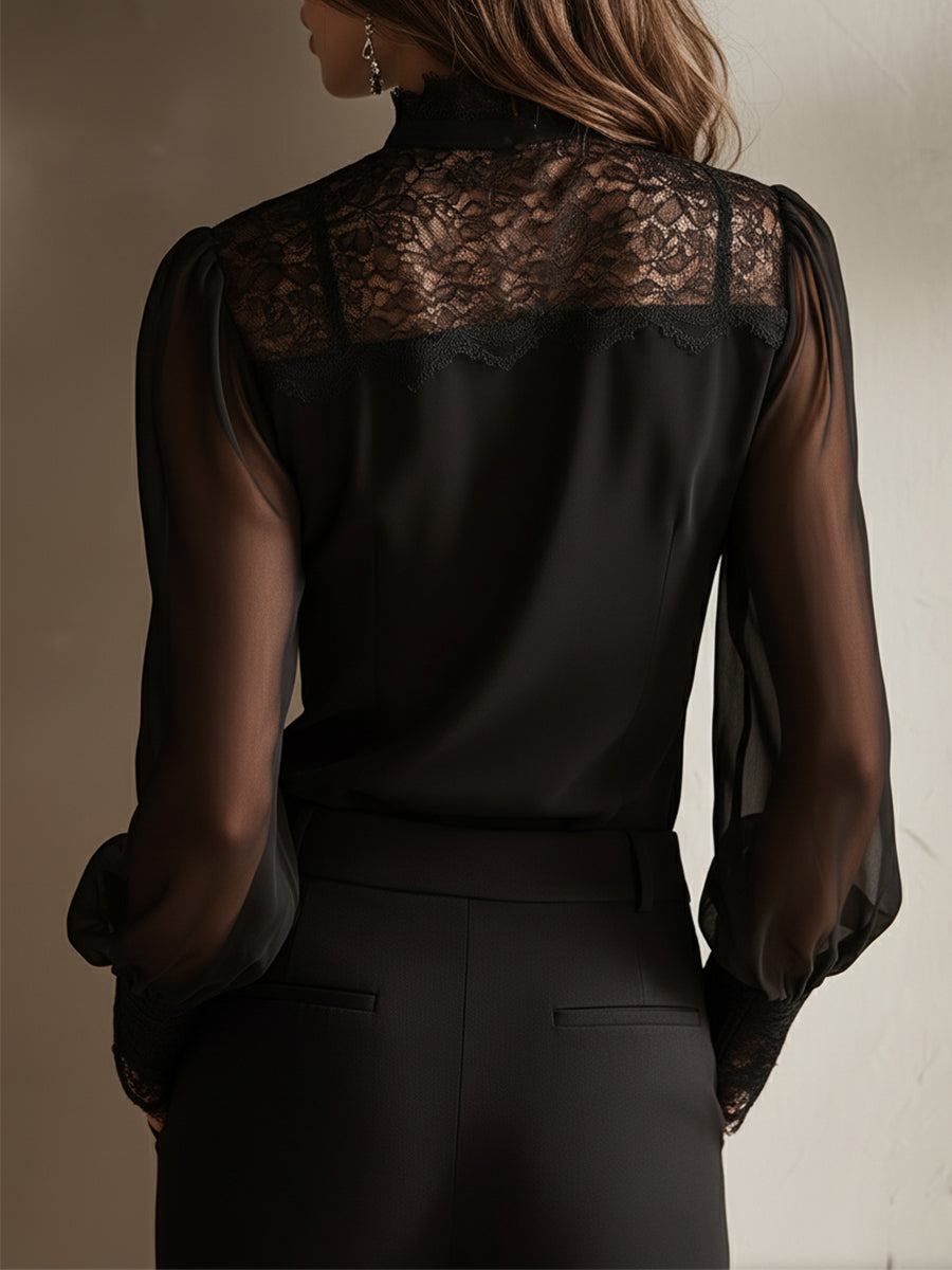 Blouse vintage élégante en mousseline à col montant et nœud