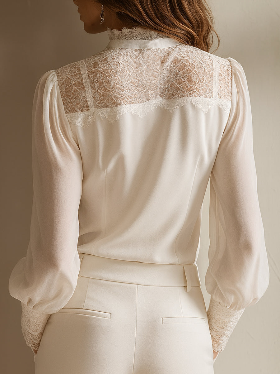 Blouse vintage élégante en mousseline à col montant et nœud