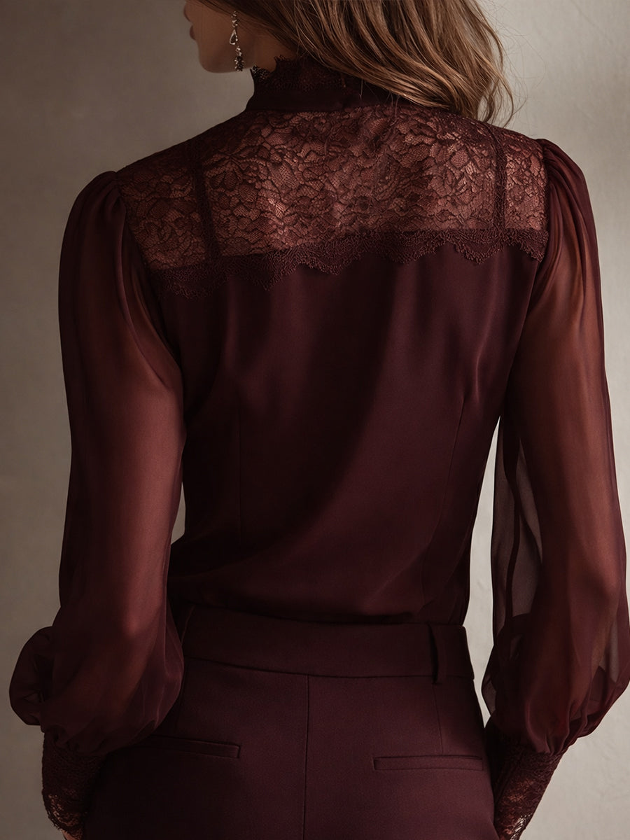 Blouse vintage élégante en mousseline à col montant et nœud