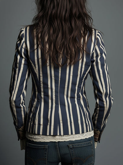 Blazer Bohème Rayé en Coton et Lin à Imprimé Floral