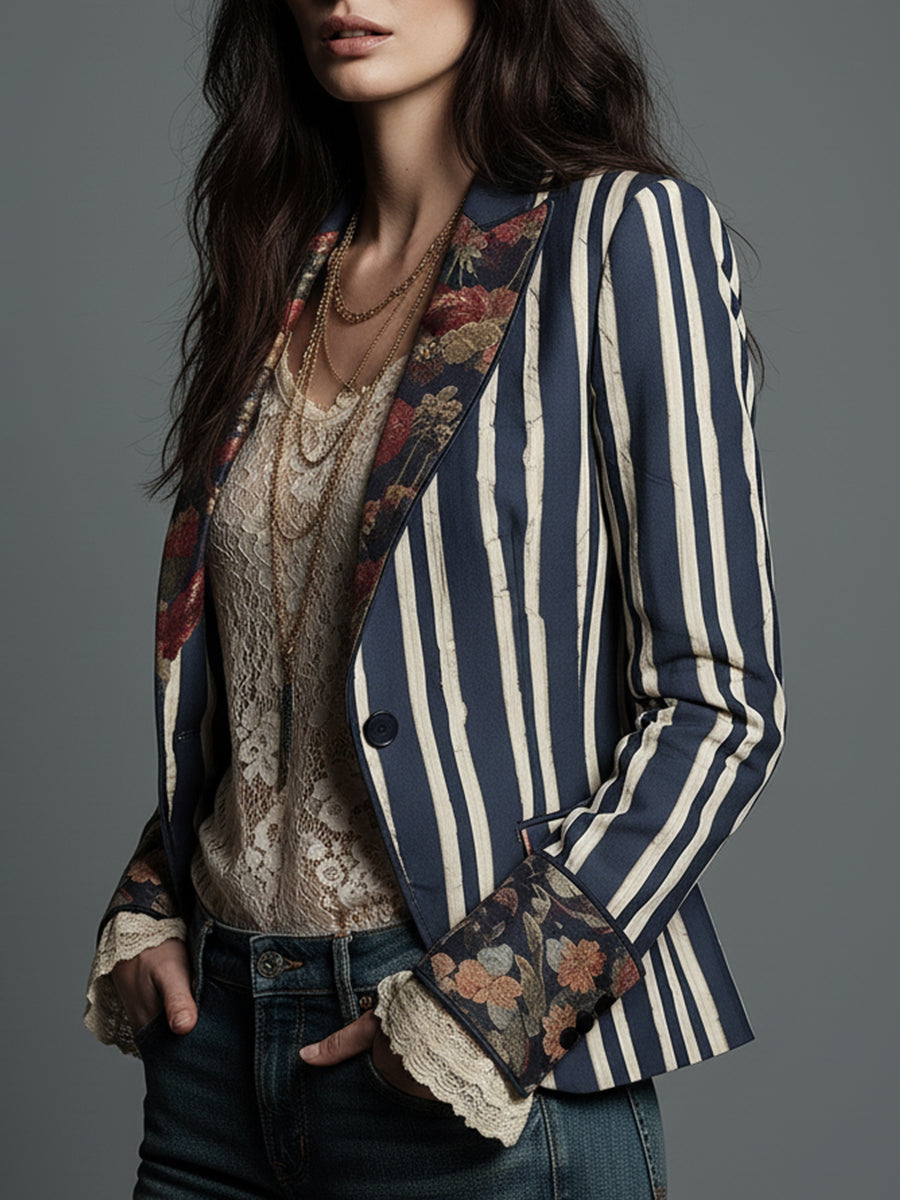 Blazer Bohème Rayé en Coton et Lin à Imprimé Floral