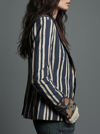 Blazer Bohème Rayé en Coton et Lin à Imprimé Floral