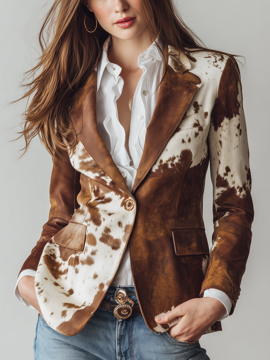 Blazer Femme Vintage Écoresponsable à Imprimé Vache