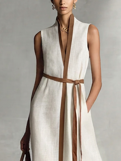 Francesca | Robe longue en coton et lin à col V avec taille nouée sans manches