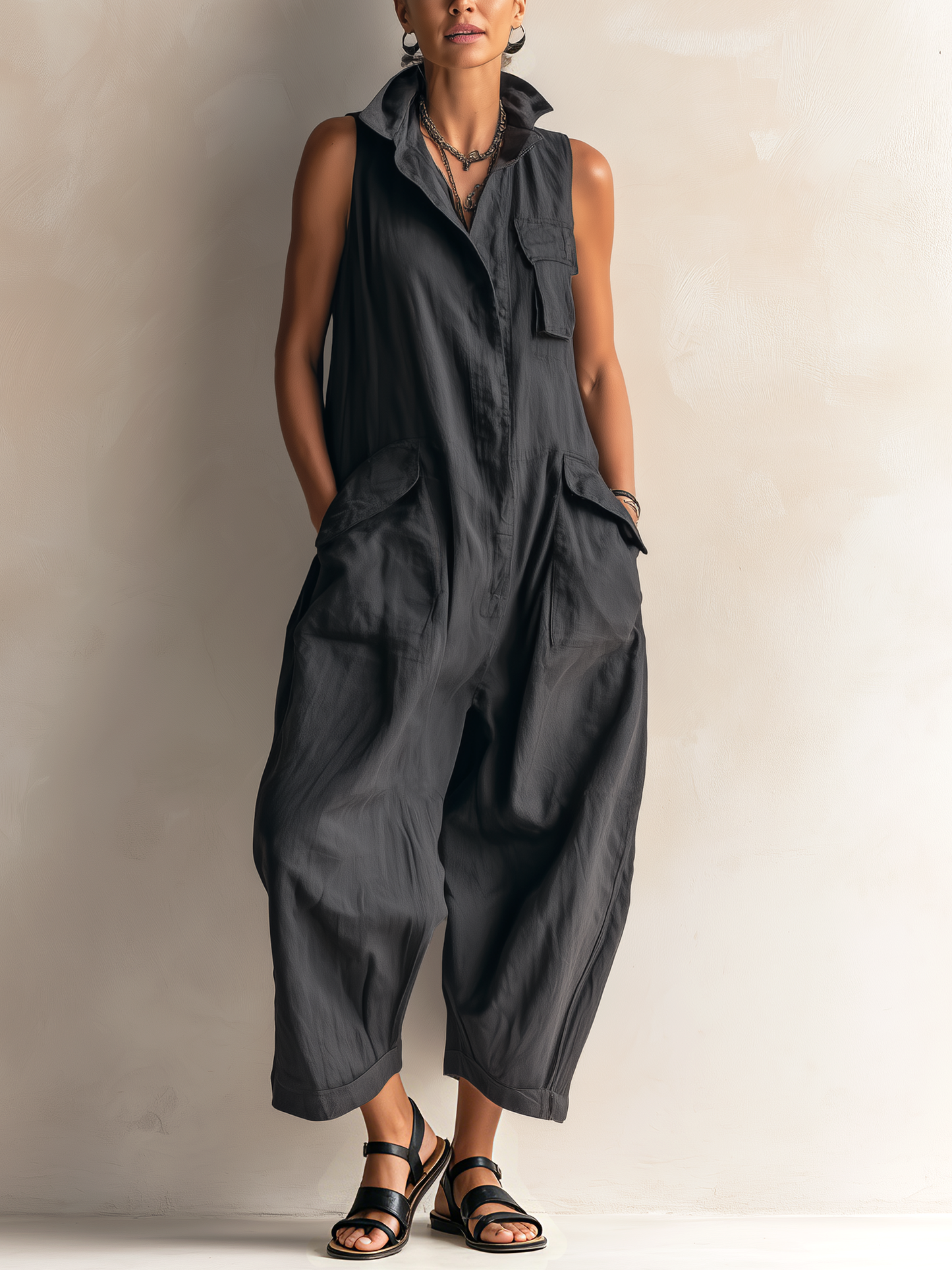 Pauline | Combinaison noire sans manches à jambes larges