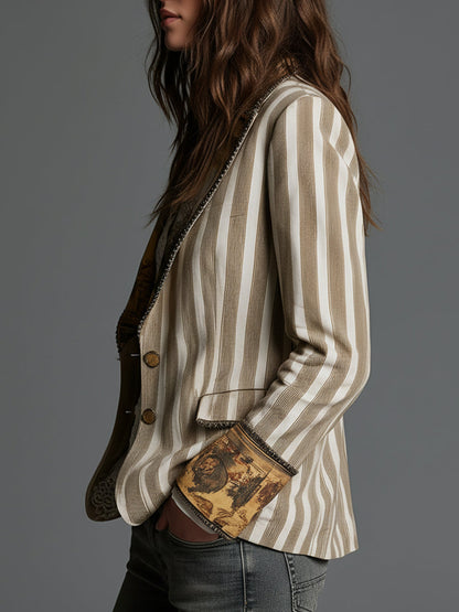 Blazer Femme à Revers avec Imprimé Rayé Bohème