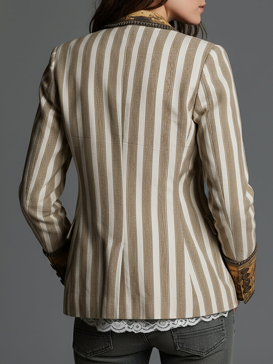 Blazer Femme à Revers avec Imprimé Rayé Bohème
