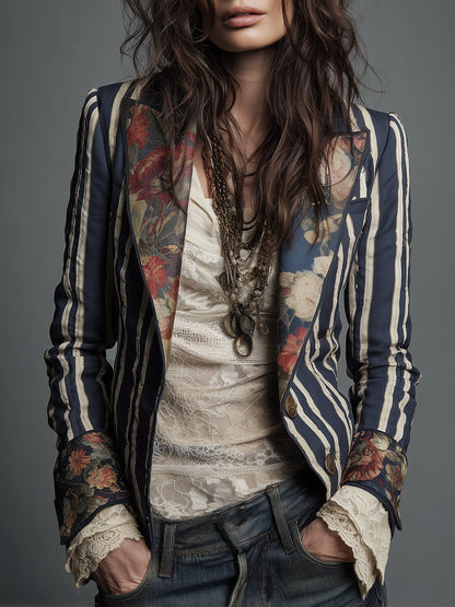 Blazer Bohème Rayé en Coton et Lin à Imprimé Floral
