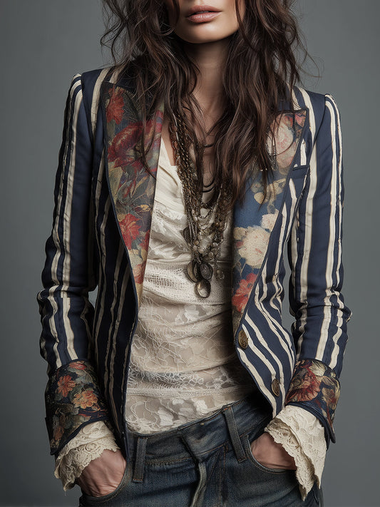 Blazer Bohème Rayé en Coton et Lin à Imprimé Floral