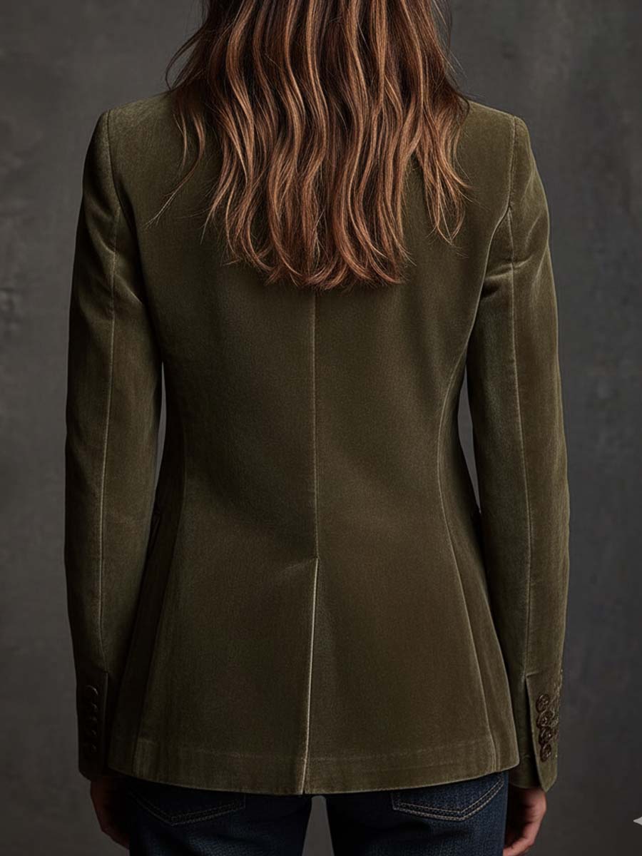 Blazer en Velours Vert Olive avec Broderies Florales Raffinées