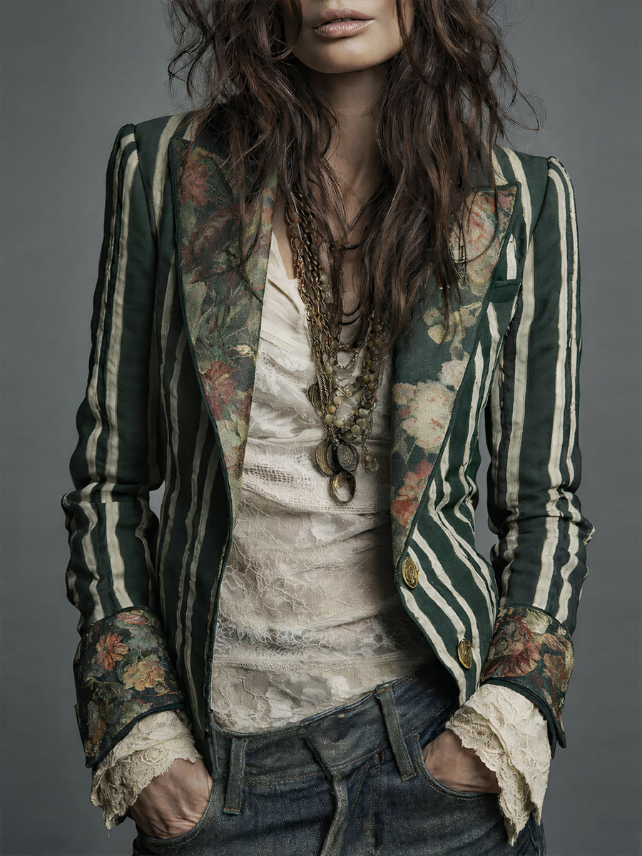 Blazer Bohème Rayé en Coton et Lin à Imprimé Floral