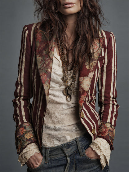 Blazer Bohème Rayé en Coton et Lin à Imprimé Floral