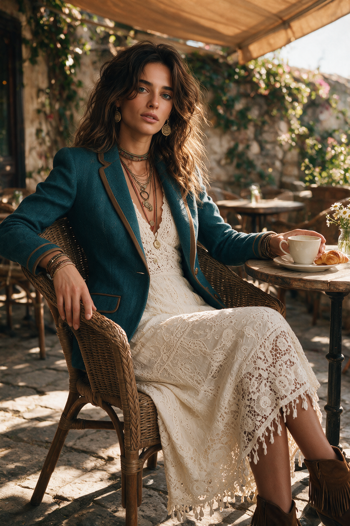 Blazer rétro cintré en tweed à chevrons et détails contrastés