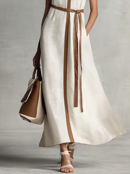 Francesca | Robe longue en coton et lin à col V avec taille nouée sans manches