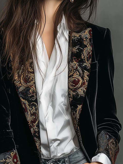Blazer Femme Slim Fit Noir à Revers avec Imprimé Baroque