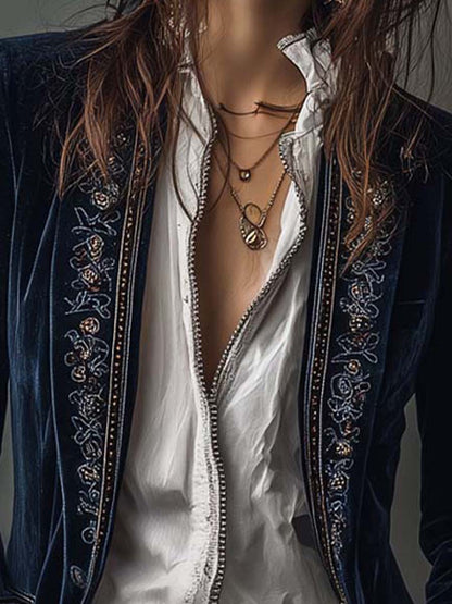 Veste Longue Femme Vintage Bleu Marine Brodée