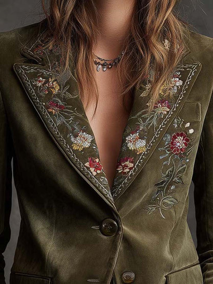 Blazer en Velours Vert Olive avec Broderies Florales Raffinées
