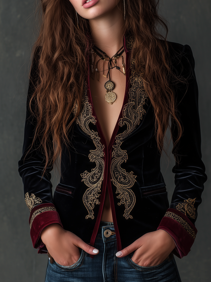 Blazer Vintage en Velours à Broderies Baroques