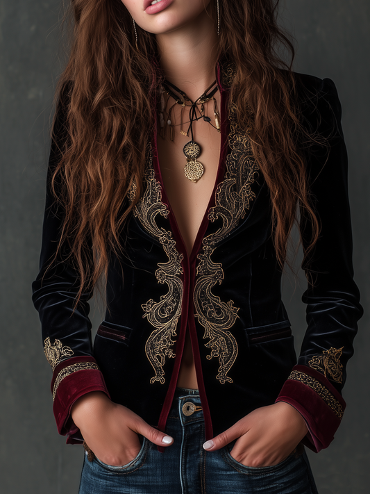 Blazer Vintage en Velours à Broderies Baroques