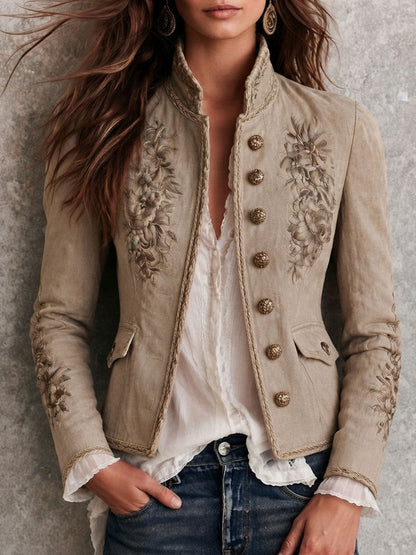 Veste rétro beige à col montant, broderies florales et détails tressés
