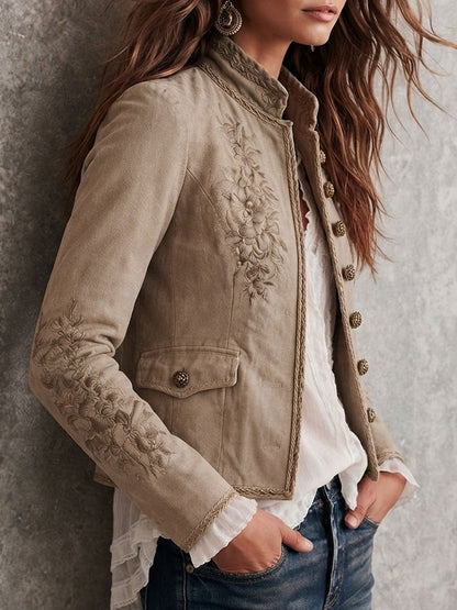 Veste rétro beige à col montant, broderies florales et détails tressés