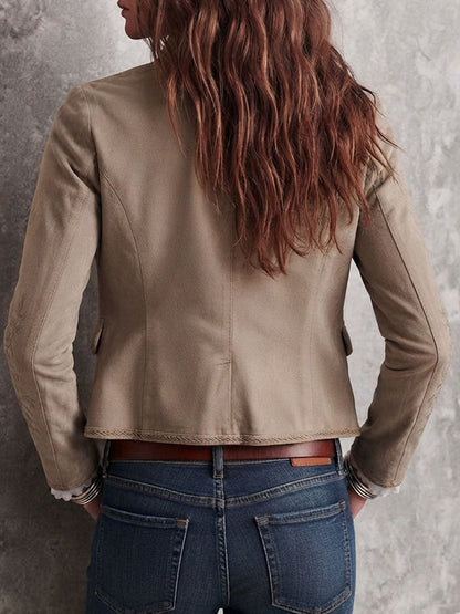 Veste rétro beige à col montant, broderies florales et détails tressés