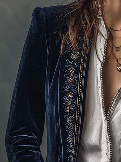 Veste Longue Femme Vintage Bleu Marine Brodée