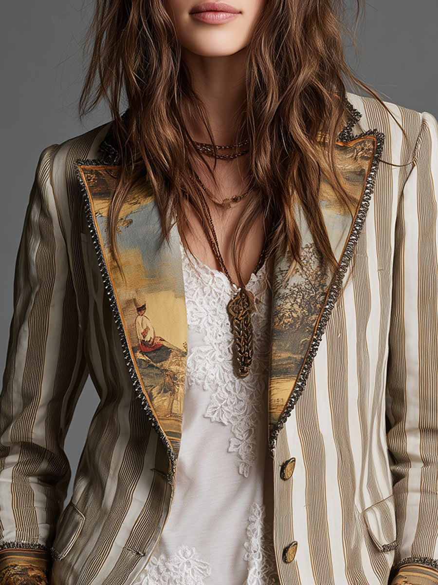 Blazer Femme à Revers avec Imprimé Rayé Bohème