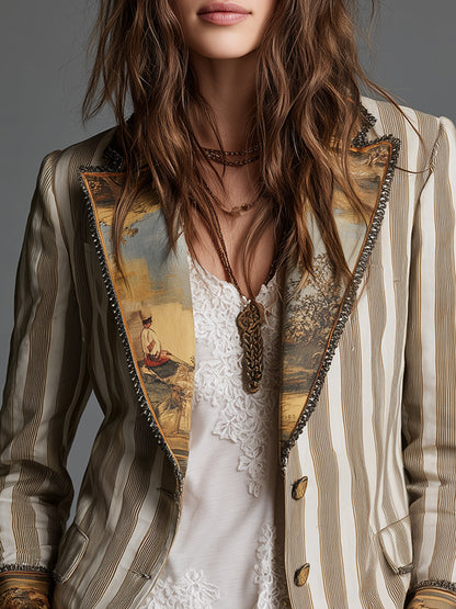 Blazer Femme à Revers avec Imprimé Rayé Bohème