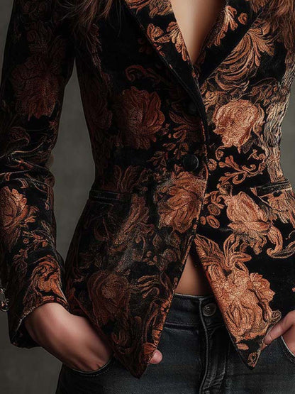 Blazer Tailleur Femme à Imprimé Floral Noir et Bronze