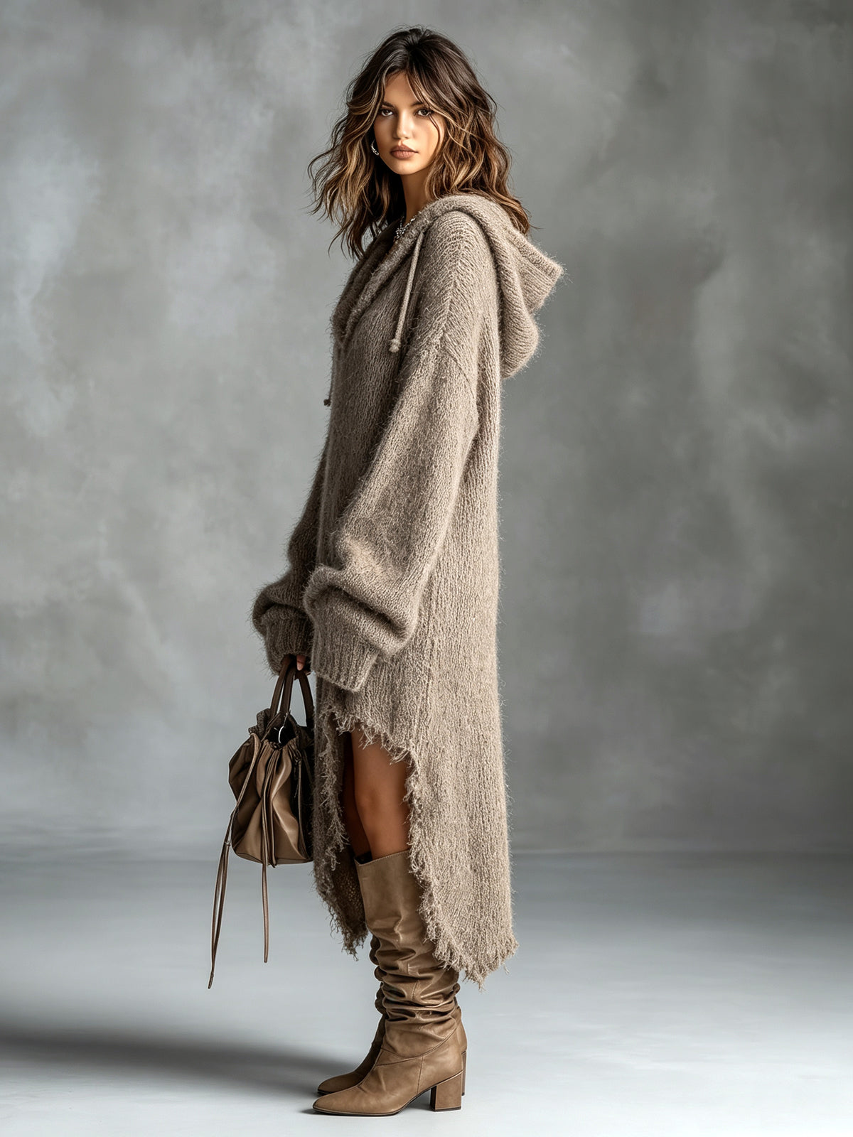 Robe midi en maille douillette à capuche