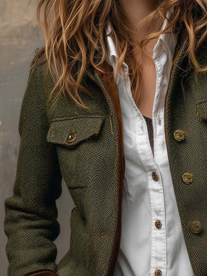 Blazer Femme Vintage à Motif Pied-de-Poule avec Bordures Contrastées