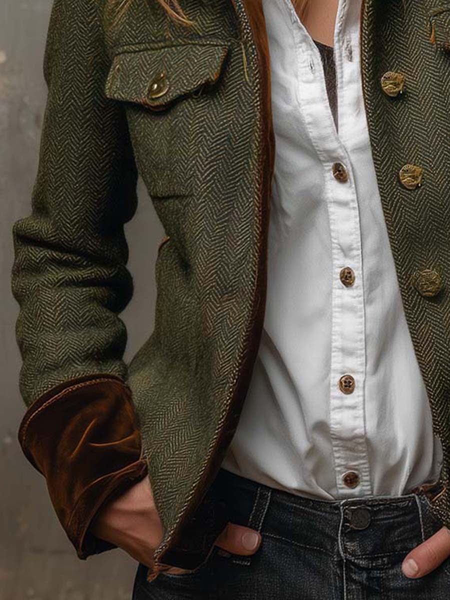 Blazer Femme Vintage à Motif Pied-de-Poule avec Bordures Contrastées