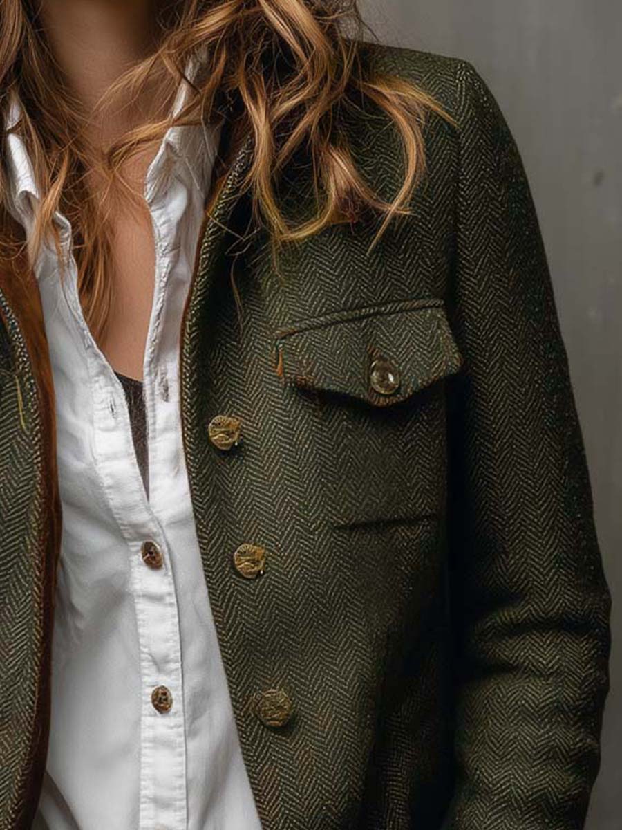 Blazer Femme Vintage à Motif Pied-de-Poule avec Bordures Contrastées